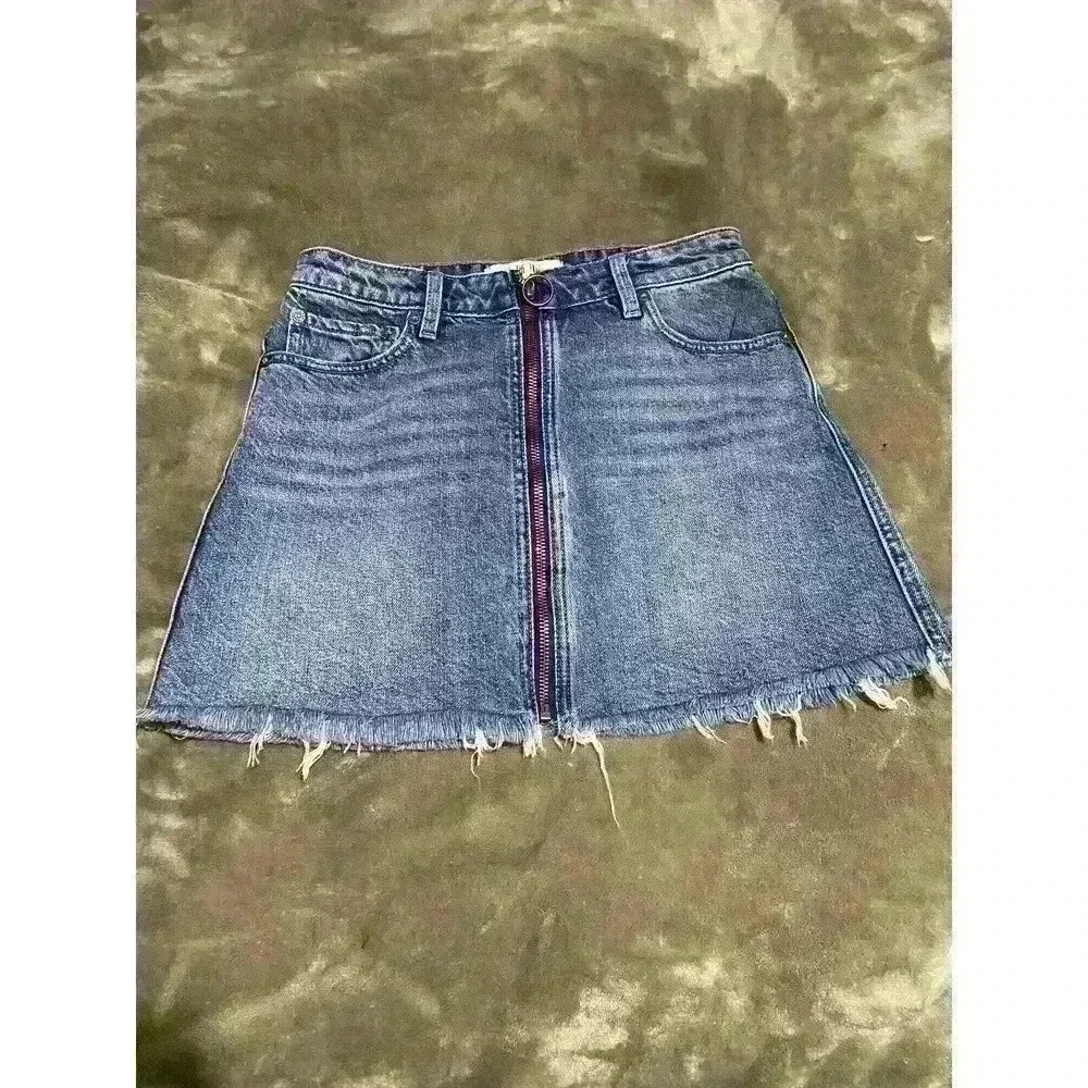 Free People Jean Mini Skirt Womens Size 25 We The Free Blue Zip Up Raw Hem